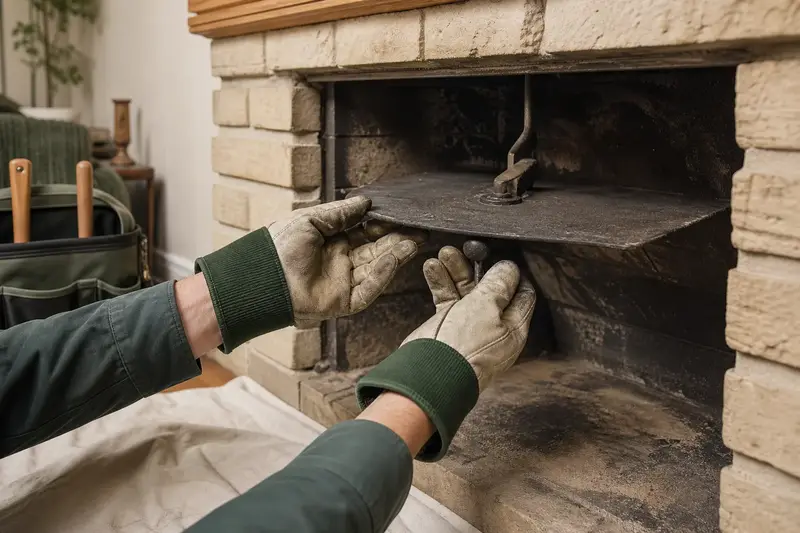 Gloved hands working a cast-iron damper plate inside a cold masonry firebox; illustrative image