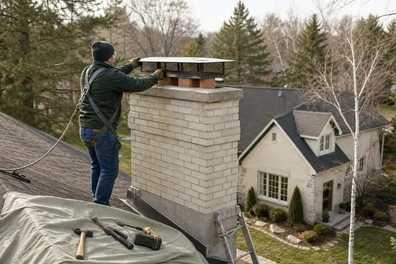 A harnessed technician fastening a multi-flue cap over the crown of a tall brick chimney on a steep gable roof; illustrative image