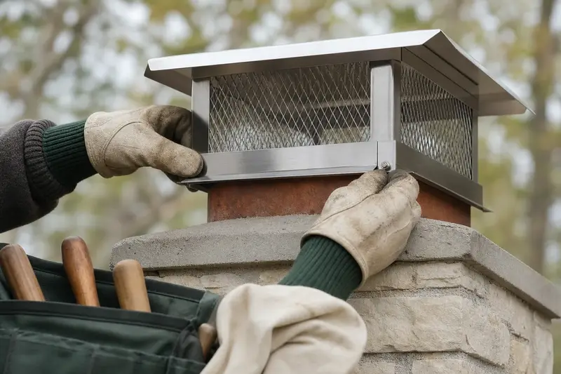 A stainless steel mesh cap seated on a flue above a concrete crown, seen up close; illustrative image