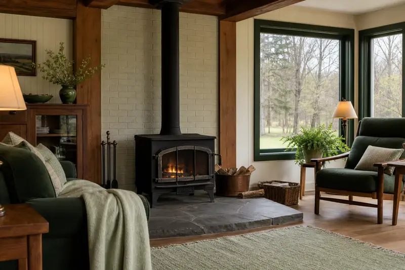 A living room with a cast-iron wood stove on a stone hearth pad and a small fire behind a screen, no one present; illustrative image