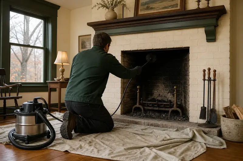 A technician feeding a rotary chimney brush up the flue of an open masonry wood-burning fireplace, drop cloths and a sealed vacuum on the hearth; illustrative image