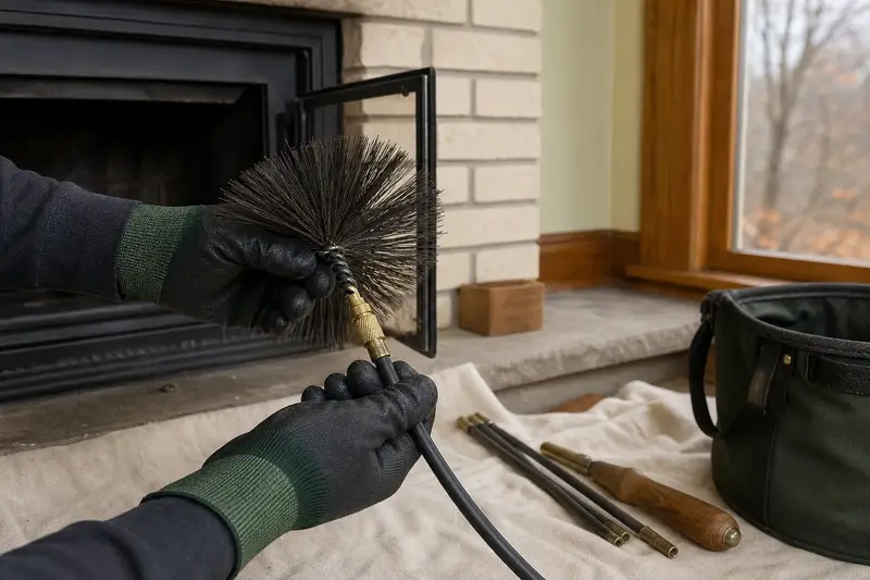 Gloved hands fitting a round wire brush onto a flexible rod at the hearth of a wood-burning insert in a brick opening; illustrative image
