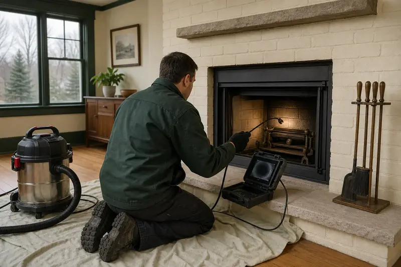 A technician guiding an inspection camera into the firebox of a wood-burning insert in a brick opening, the fireplace cold and unlit; illustrative image