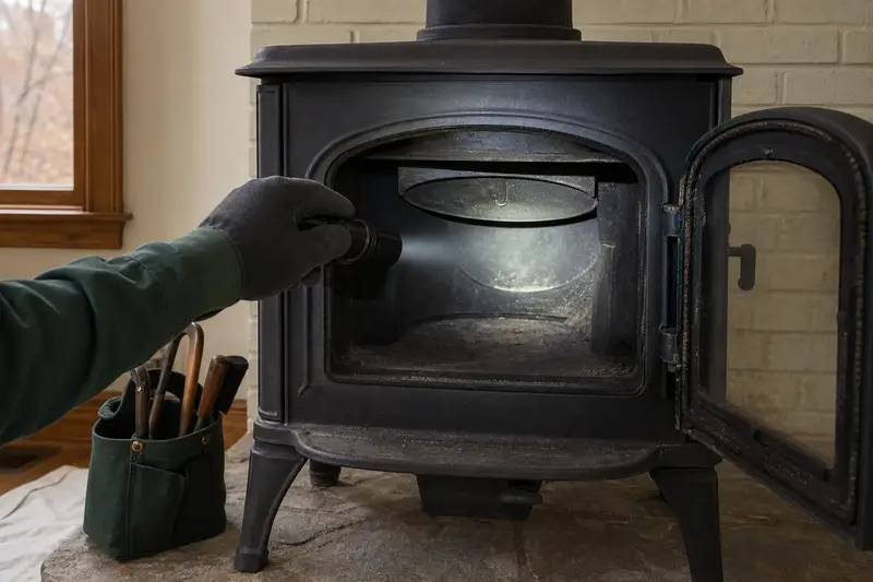 A flashlight beam across the smoke chamber and damper of a cast-iron wood stove on a stone hearth pad, a gloved hand holding the light; illustrative image
