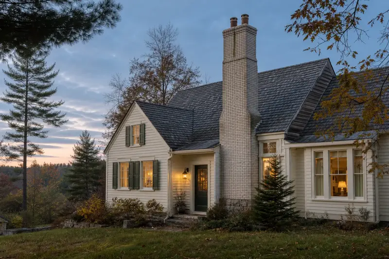 A 1950s timber farmhouse with a two-flue brick chimney on a slate roof and neat, even mortar joints; illustrative image