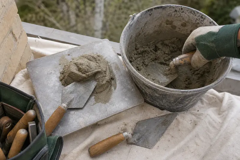 A mortar hawk, trowels and a bucket of mixed mortar set on a roof work platform; illustrative image