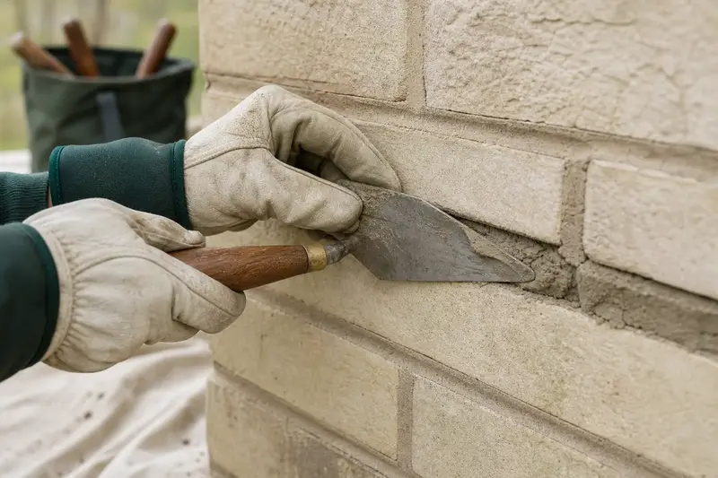 Gloved hands pressing fresh mortar into a raked joint with a tuckpointing trowel; illustrative image