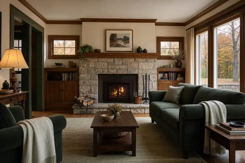 A warm hearth room with a factory-built wood-burning fireplace with a stone facing on a cool evening, no one present; illustrative image