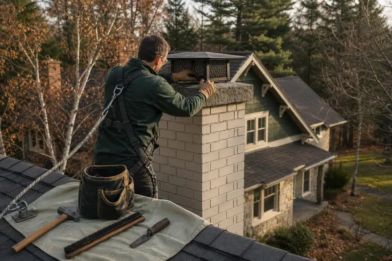 A harnessed technician checking the cap and crown of a tall brick chimney on a steep gable roof before the heating season; illustrative image