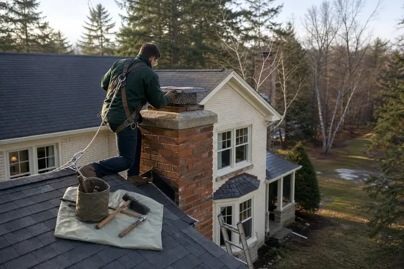 A harnessed technician examining the crown and cap of a red brick chimney with a concrete crown from a dry roof; illustrative image