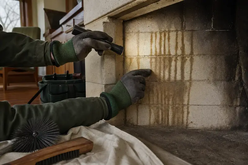 Water staining on the firebrick of a cold fireplace, seen up close; illustrative image