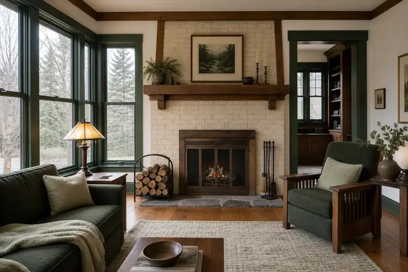 A hearth room with an open masonry wood-burning fireplace, split firewood in a steel rack and a clear hearth; illustrative image