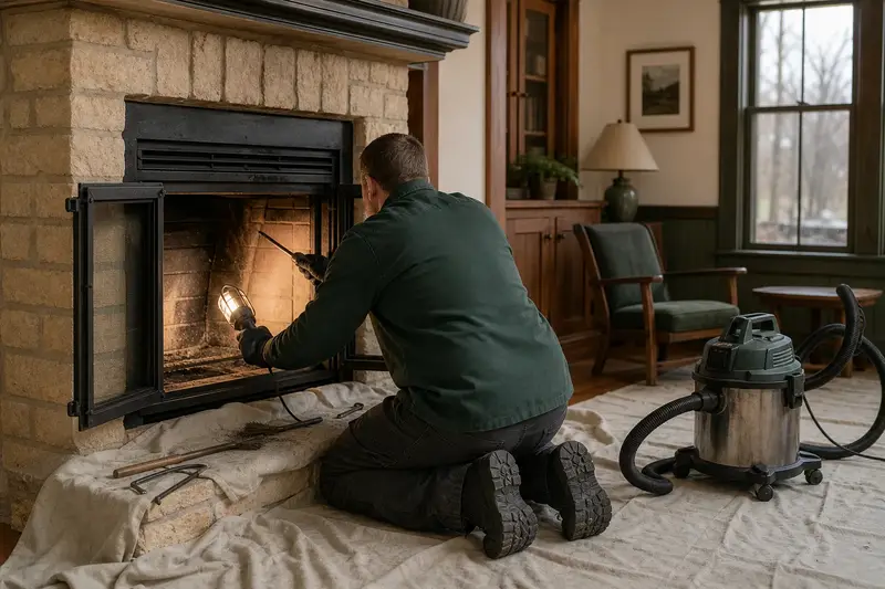 A technician checking the firebox walls of a wood-burning insert in a brick opening with a work light, a drop cloth on the hearth; illustrative image