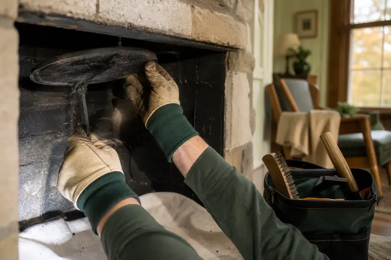 Gloved hands working a cast-iron damper plate inside a cold masonry firebox; illustrative image