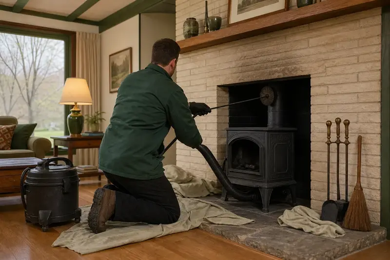 A technician feeding a rotary chimney brush up the flue of a cast-iron wood stove on a stone hearth pad, drop cloths and a sealed vacuum on the hearth, the fireplace cold and unlit; illustrative image
