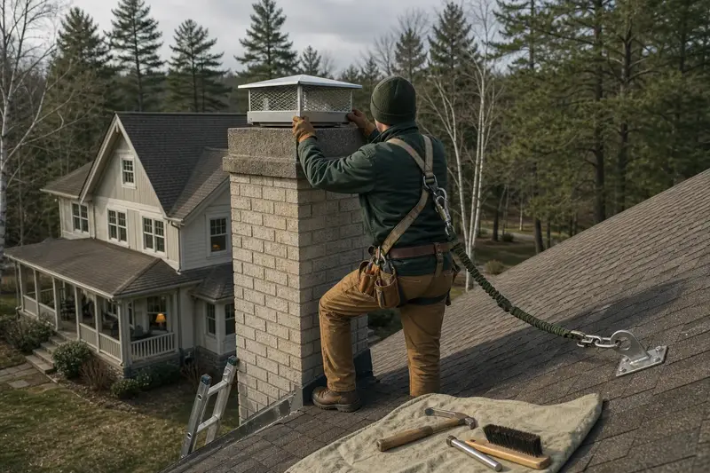 A harnessed technician setting a stainless steel mesh chimney cap onto a tall brick chimney on a steep gable roof; illustrative image