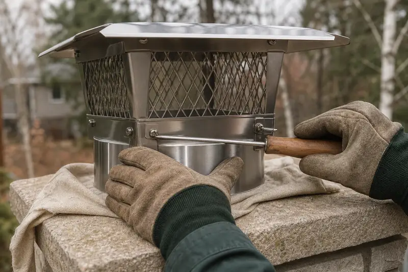 Gloved hands tightening the mounting screws of a stainless steel cap on a flue; illustrative image