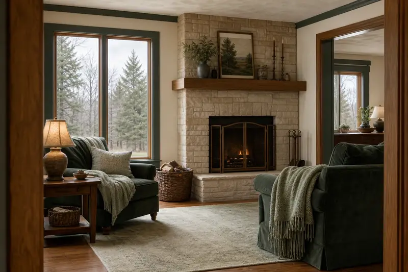 A living room with a factory-built wood-burning fireplace with a stone facing and a small fire behind a screen, no one present; illustrative image