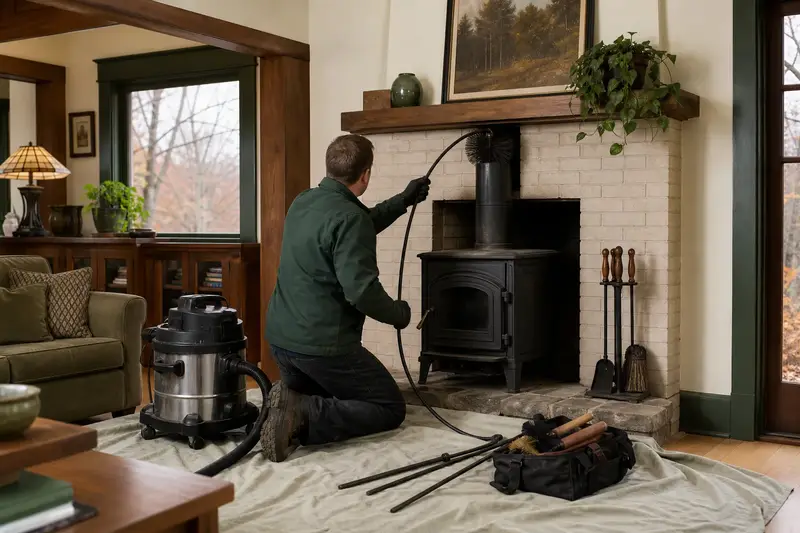 A technician feeding a rotary chimney brush up the flue of a cast-iron wood stove on a stone hearth pad, drop cloths and a sealed vacuum on the hearth; illustrative image