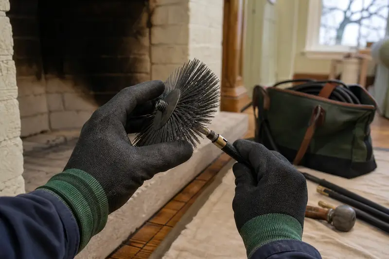 Gloved hands fitting a round wire brush onto a flexible rod at the hearth of an open masonry wood-burning fireplace; illustrative image