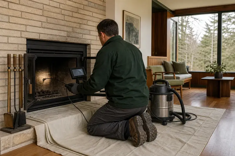 A technician guiding an inspection camera into the firebox of a wood-burning insert in a brick opening, the fireplace cold and unlit; illustrative image