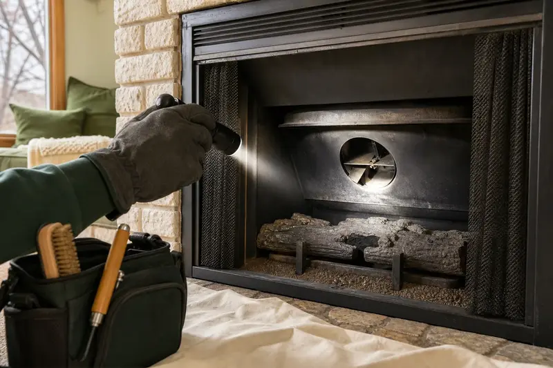 A flashlight beam across the smoke chamber and damper of a direct-vent gas fireplace, a gloved hand holding the light; illustrative image