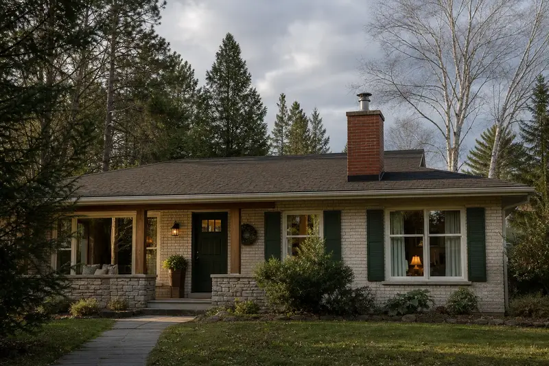 A 1970s brick-front ranch house with a red brick chimney with a concrete crown fitted with a stainless steel liner cap; illustrative image