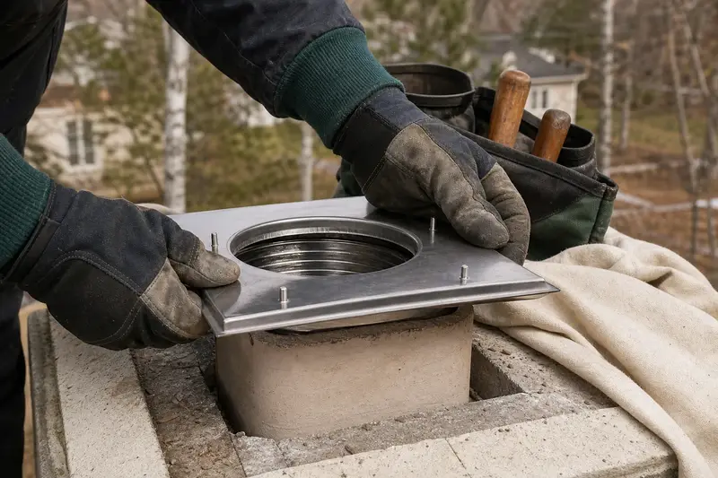Gloved hands fitting a stainless steel liner top plate at a flue opening; illustrative image