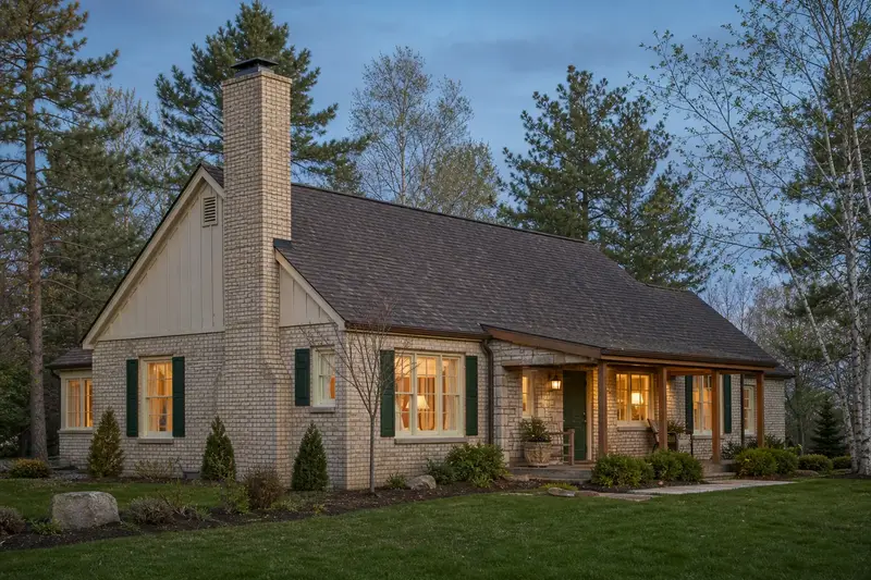 A 1990s brick-front ranch house with a tall brick chimney on a steep gable roof and neat, even mortar joints; illustrative image