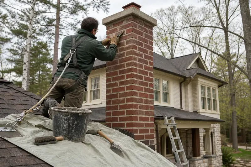 A harnessed mason repointing mortar joints on a red brick chimney with a concrete crown with a pointing trowel; illustrative image