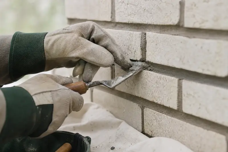Gloved hands pressing fresh mortar into a raked joint with a tuckpointing trowel; illustrative image