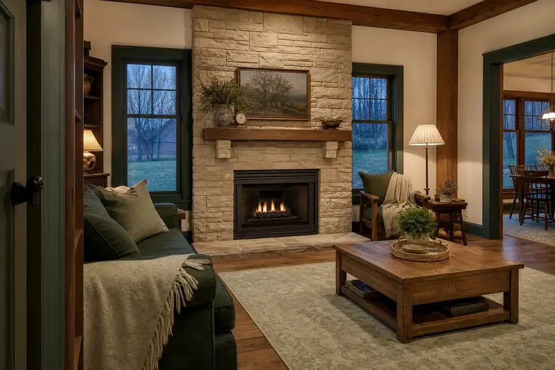 A remodeled living room with a direct-vent gas fireplace framed by a floor-to-ceiling stone surround; illustrative image