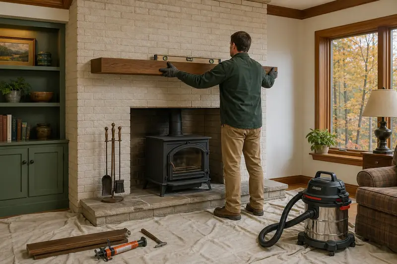 An installer leveling a new wood mantel above a cast-iron wood stove on a stone hearth pad; illustrative image