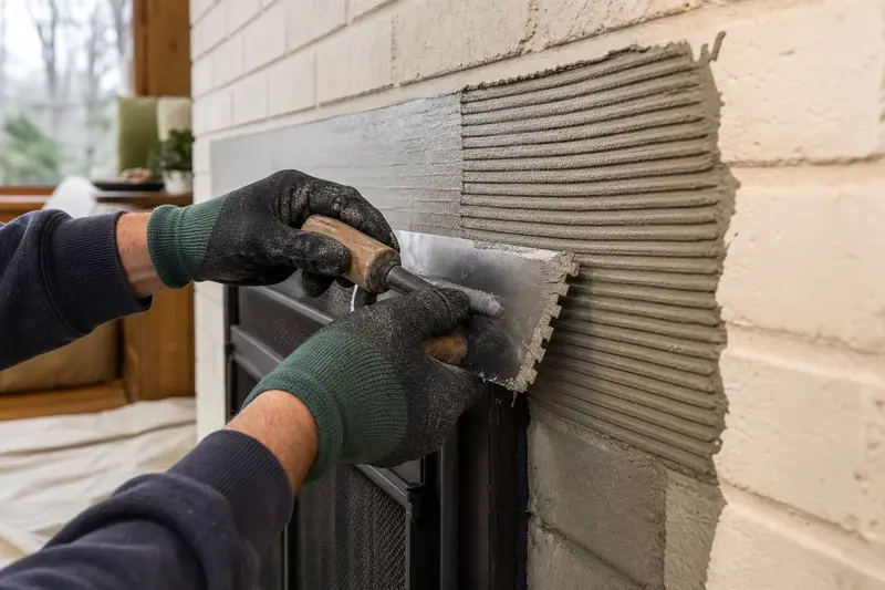 Gloved hands spreading thinset on a fireplace surround before a tile is set; illustrative image