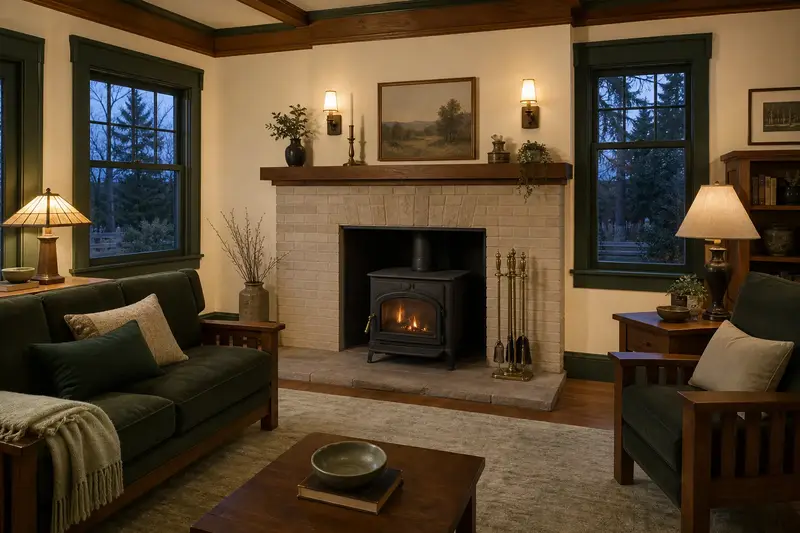A restored hearth room with a cast-iron wood stove on a stone hearth pad, a clean hearth and brass fireplace tools; illustrative image