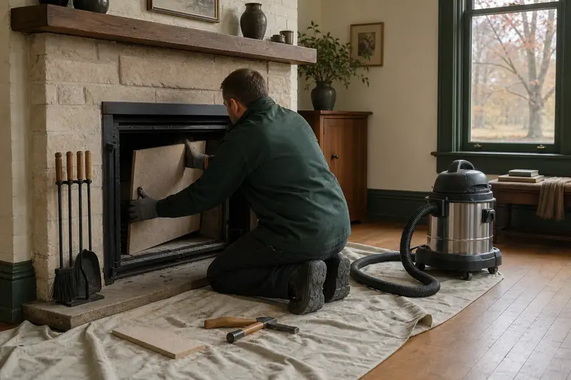 A technician fitting a refractory panel into the firebox of a factory-built wood-burning fireplace with a stone facing, the fireplace cold and unlit; illustrative image