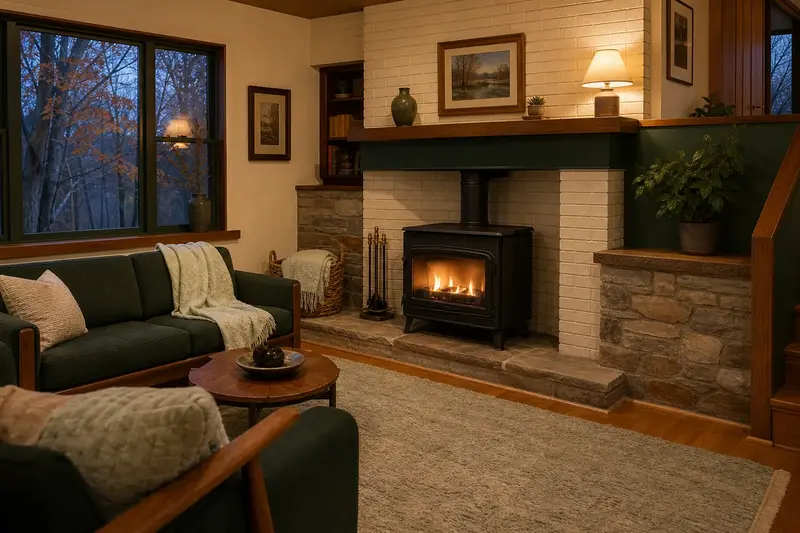 A warm living room with a freestanding gas stove glowing softly behind its glass, no one present; illustrative image