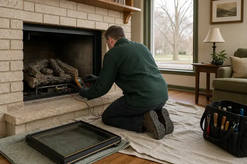 A technician kneeling at a vented gas log set in a masonry firebox with the glass front removed, testing the controls with a multimeter; illustrative image