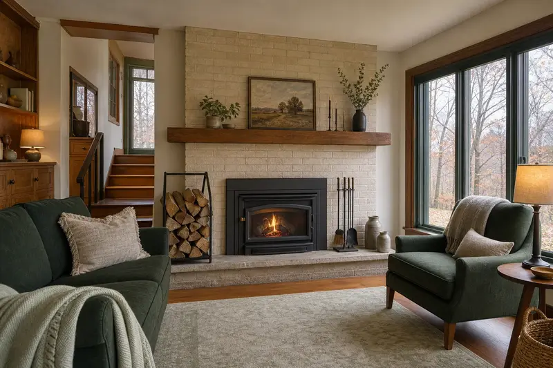 A hearth room with a wood-burning insert in a brick opening, split firewood in a steel rack and a clear hearth; illustrative image