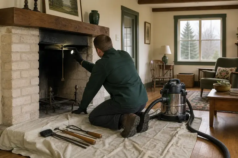 A technician adjusting the damper handle of an open masonry wood-burning fireplace by flashlight, the fireplace cold; illustrative image