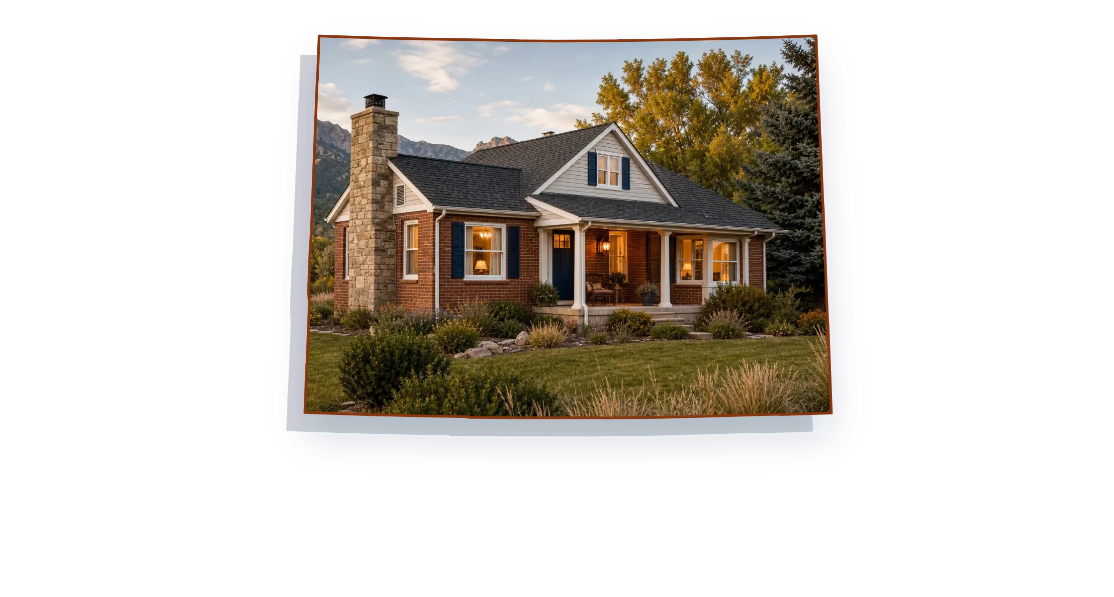 A 1940s brick bungalow with a front porch with a stone-veneer chimney with a steel cap on an asphalt shingle roof, a lit porch lantern and warm windows, seen through an outline of Colorado; illustrative image