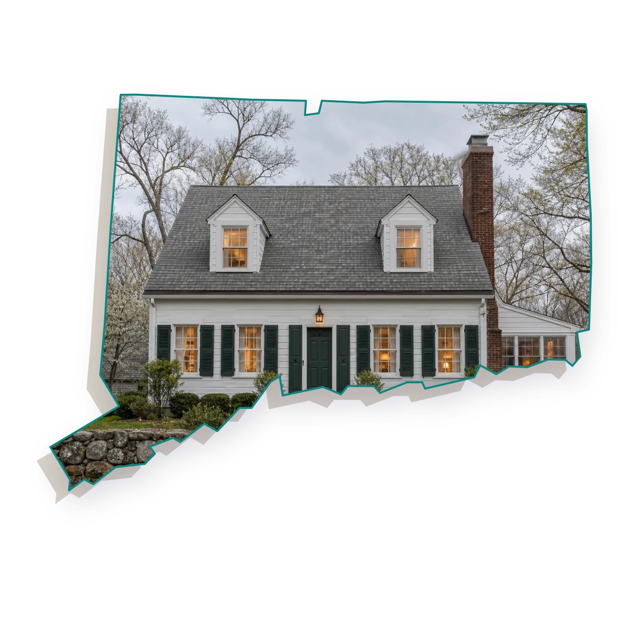 A 1920s Cape-style cottage with a red brick chimney with a concrete crown, warm light glowing in the front windows, seen through an outline of Connecticut; illustrative image