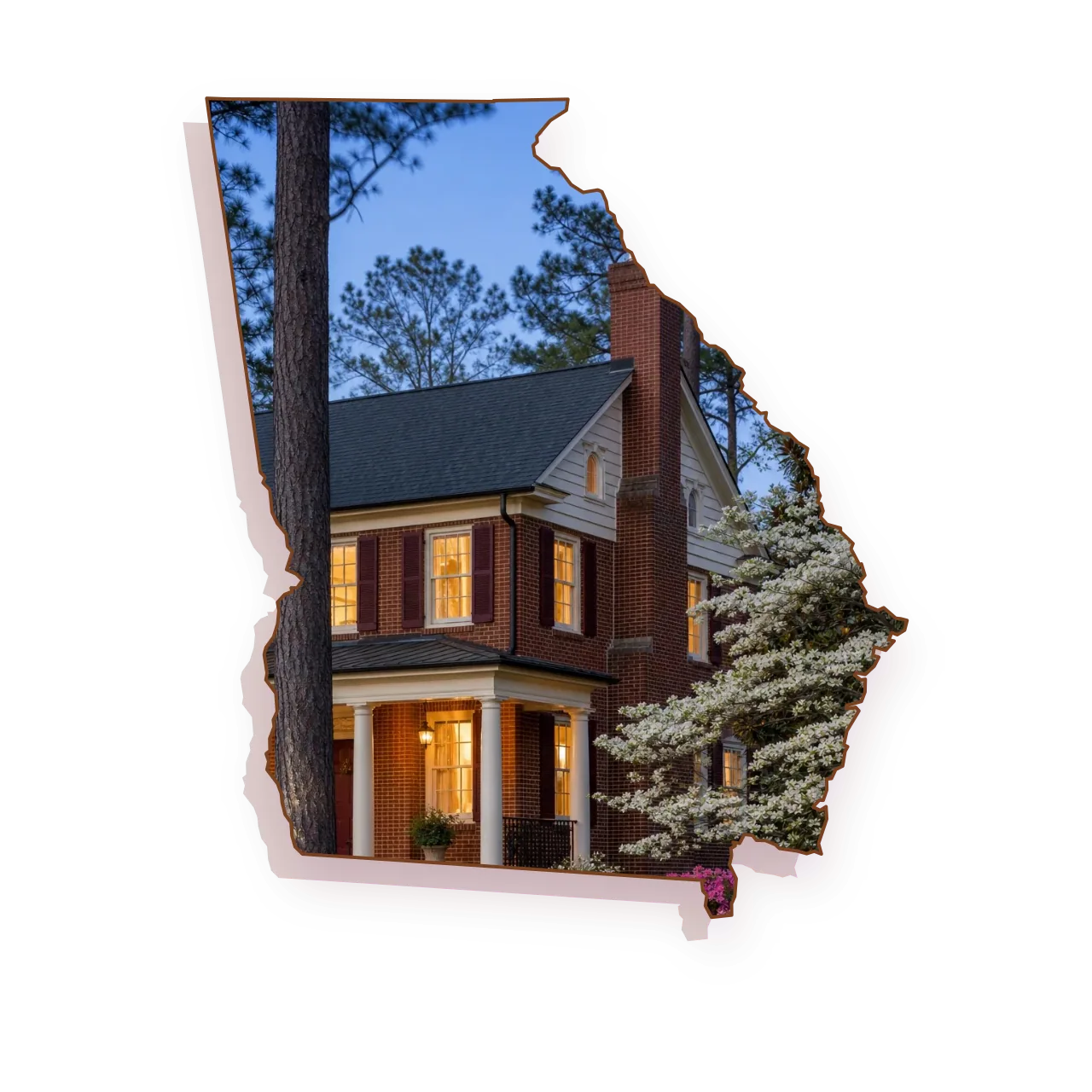 A 1920s brick traditional house with a columned front porch with a two-flue brick chimney with a stainless steel cap, warm light glowing in the front windows, seen through an outline of Georgia; illustrative image