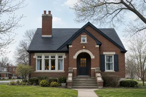 A 1920s brick bungalow with a two-flue brick chimney on a slate roof rising above a steep roof; illustrative image