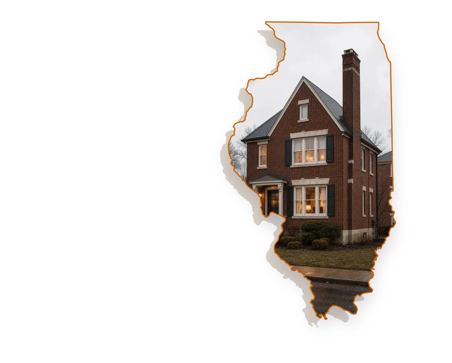 A 1950s brick two-flat with a tall brick chimney on a steep gable roof, warm light glowing in the front windows, seen through an outline of Illinois; illustrative image