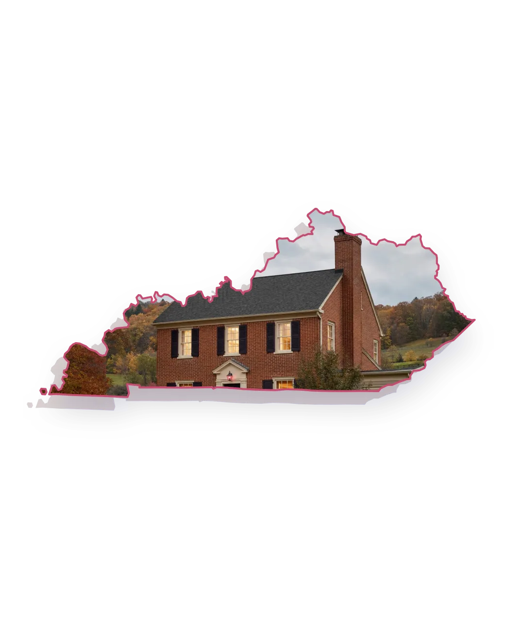 A 1950s brick Federal-style house with a two-flue brick chimney with a metal cap rising above the roofline and lamp-lit rooms behind the windows, seen through an outline of Kentucky; illustrative image