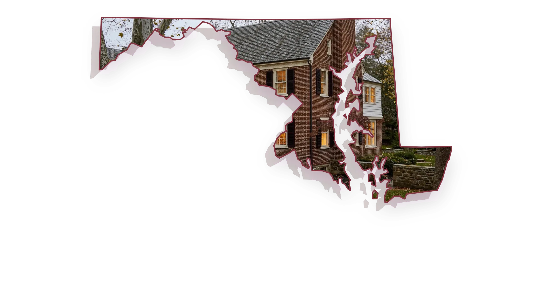 A 1940s brick colonial with shutters with a two-flue brick chimney on a steep gable roof, a lit porch lantern and warm windows, seen through an outline of Maryland; illustrative image