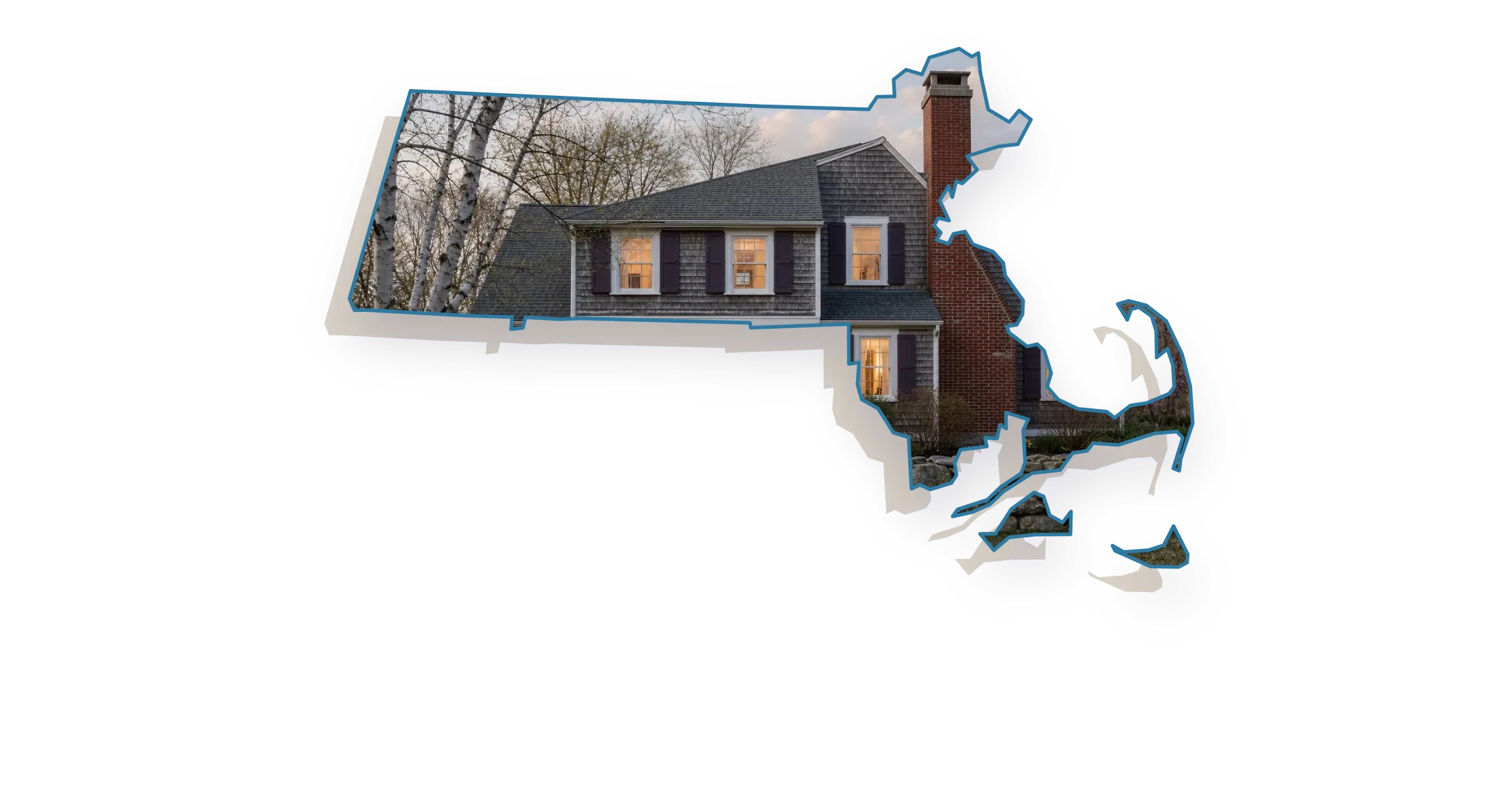 A 1920s saltbox house with a red brick chimney with a concrete crown rising above the roofline and lamp-lit rooms behind the windows, seen through an outline of Massachusetts; illustrative image