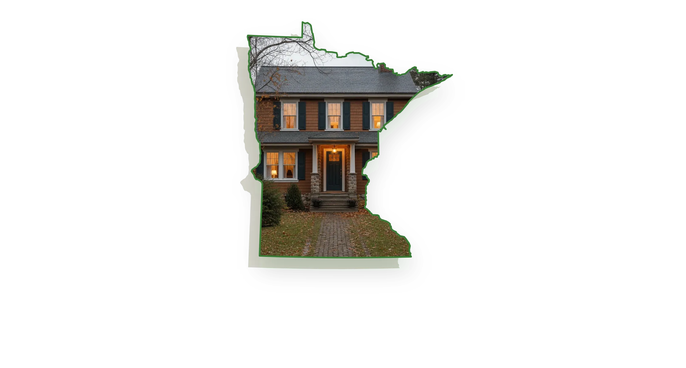 A 1950s foursquare house with a two-flue brick chimney on a slate roof rising above the roofline and lamp-lit rooms behind the windows, seen through an outline of Minnesota; illustrative image
