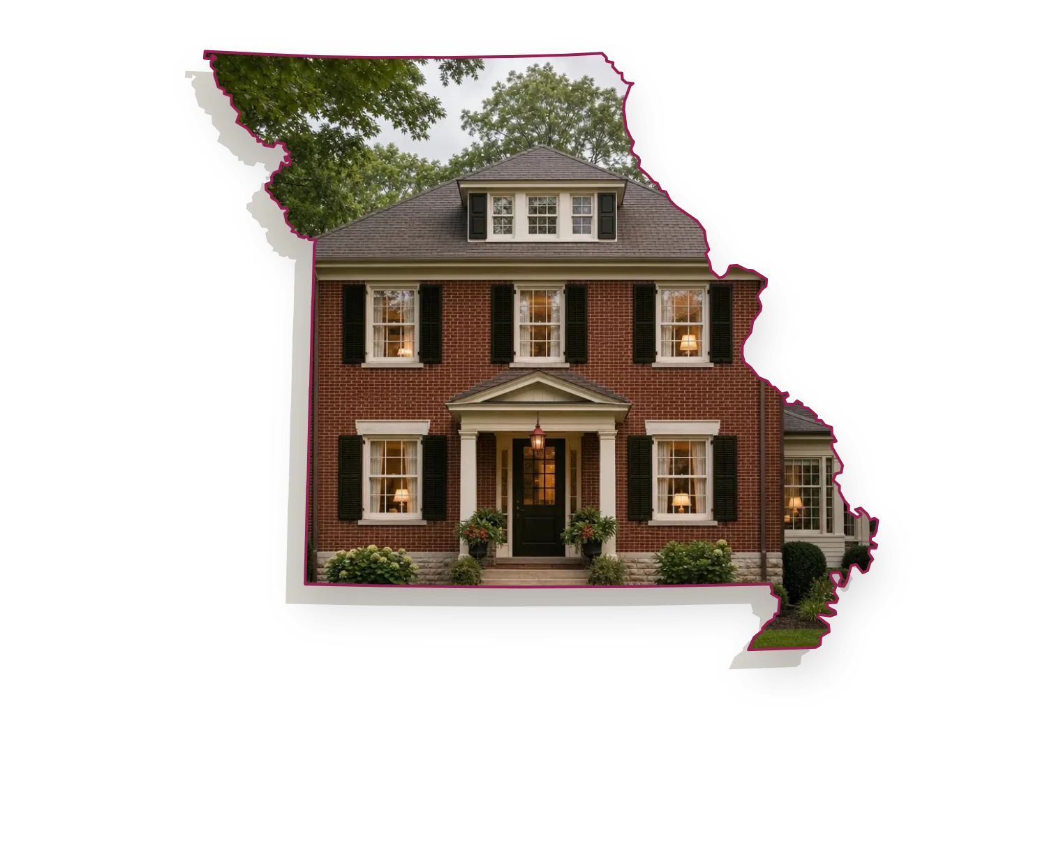 A 1940s brick foursquare house with a red brick chimney with a concrete crown rising above the roofline and lamp-lit rooms behind the windows, seen through an outline of Missouri; illustrative image